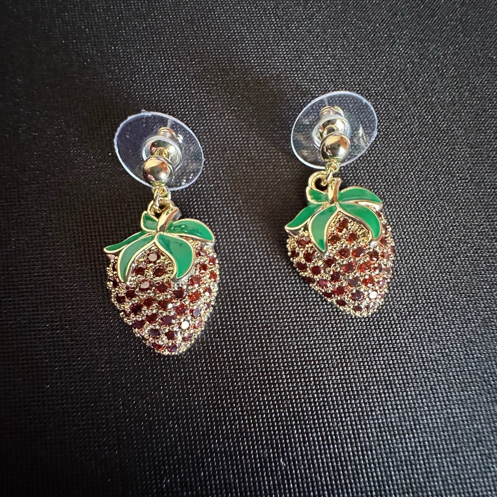 14K Gold Plated CZ Stone Paved Strawberry Dangle Earrings